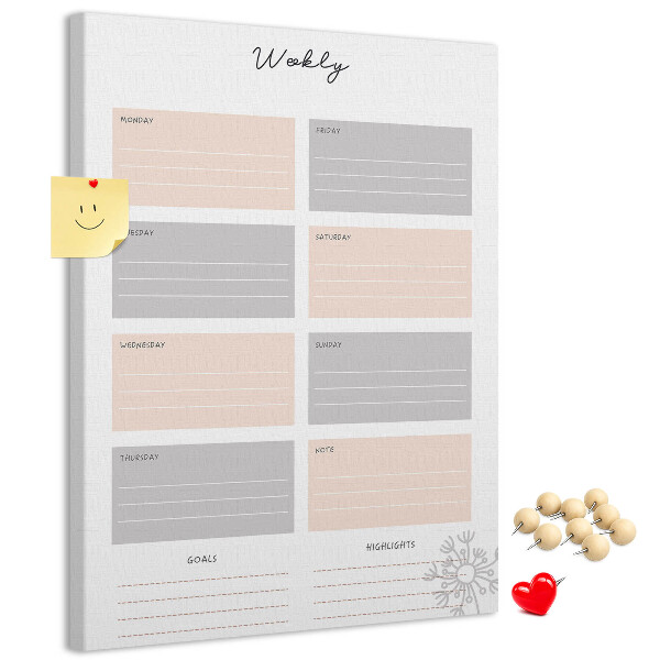 Memo cork board Weekly planner with colored sections