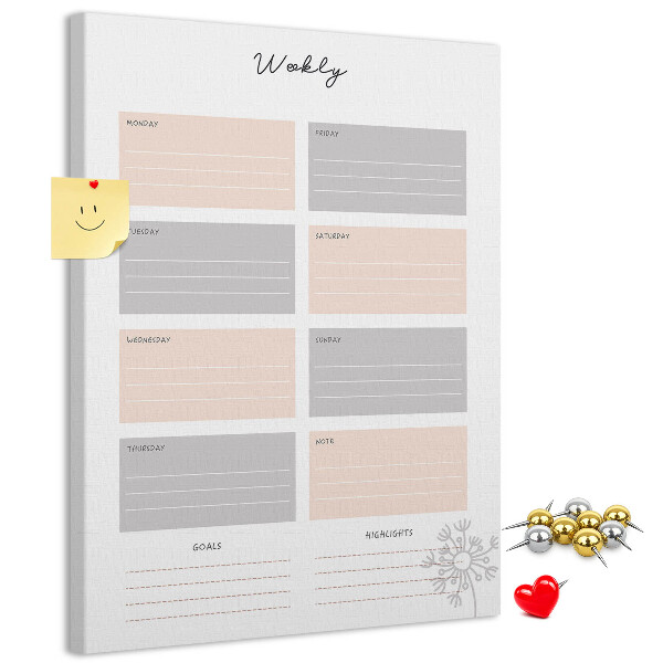 Memo cork board Weekly planner with colored sections