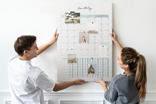 Cork notice board Monthly planning with a delicate floral accent