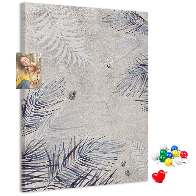 Wall cork memo board Delicate leaves on a gray background