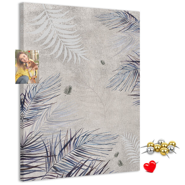 Wall cork memo board Delicate leaves on a gray background
