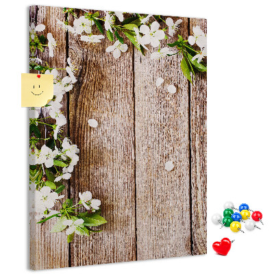 Memo cork board Flowers on a background of wooden boards
