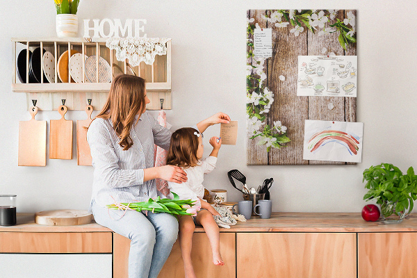 Memo cork board Flowers on a background of wooden boards