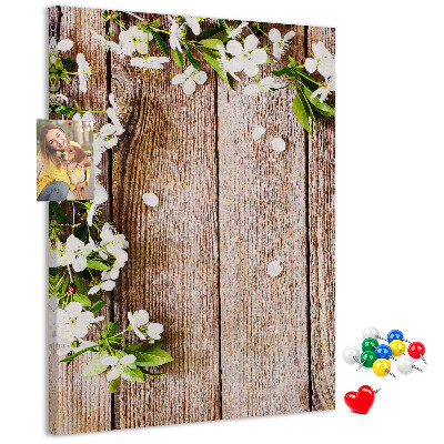 Memo cork board Flowers on a background of wooden boards