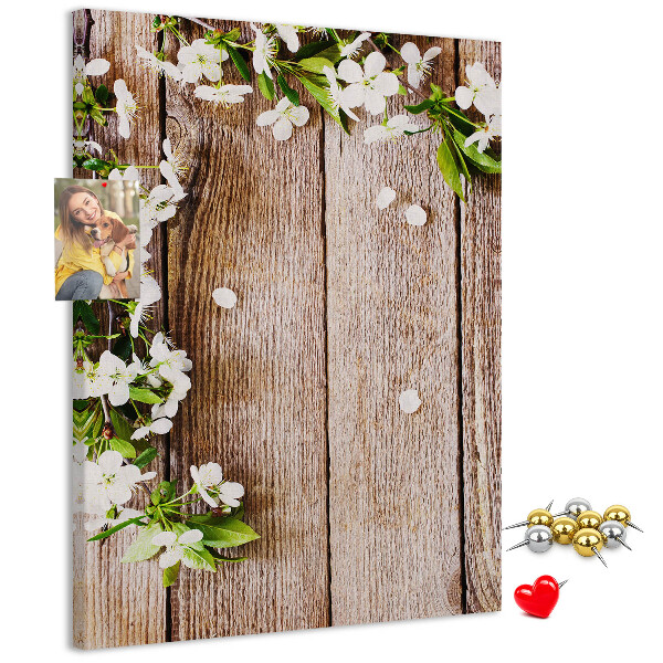 Memo cork board Flowers on a background of wooden boards