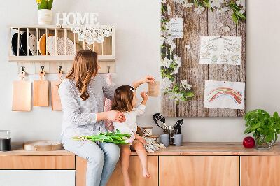 Memo cork board Flowers on a background of wooden boards