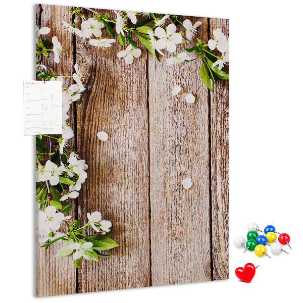 Memo cork board Flowers on a background of wooden boards