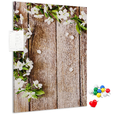 Memo cork board Flowers on a background of wooden boards