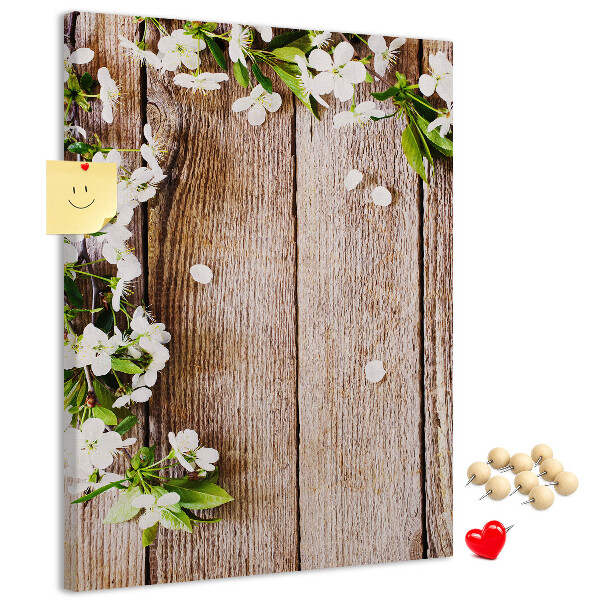 Memo cork board Flowers on a background of wooden boards