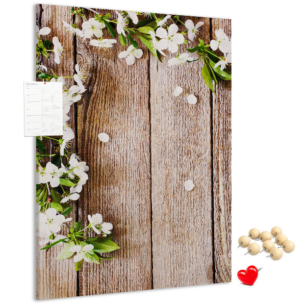 Memo cork board Flowers on a background of wooden boards