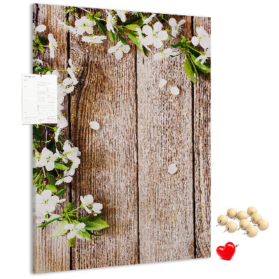 Memo cork board Flowers on a background of wooden boards