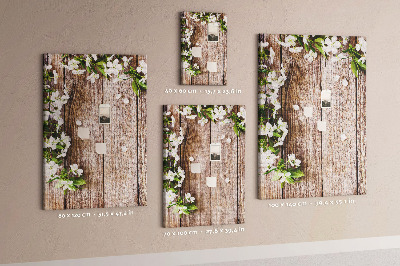 Memo cork board Flowers on a background of wooden boards