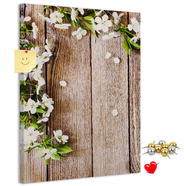 Memo cork board Flowers on a background of wooden boards