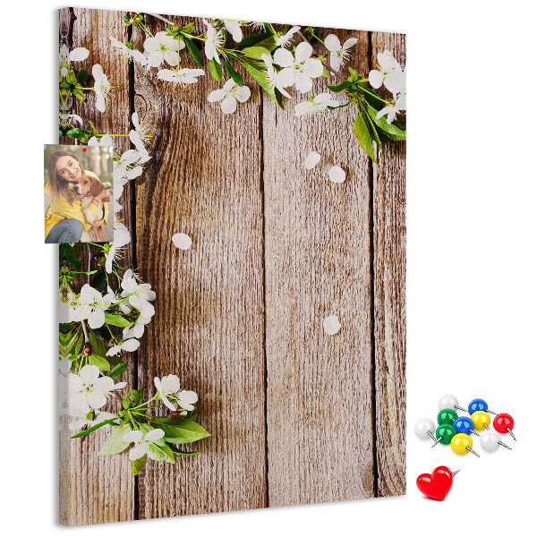 Memo cork board Flowers on a background of wooden boards