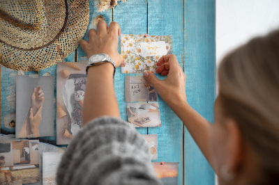 Pin board Summer accessories on a blue wood background