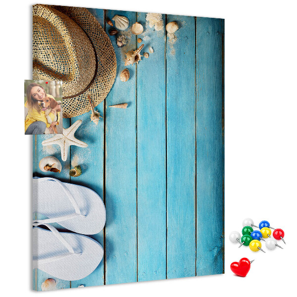 Pin board Summer accessories on a blue wood background