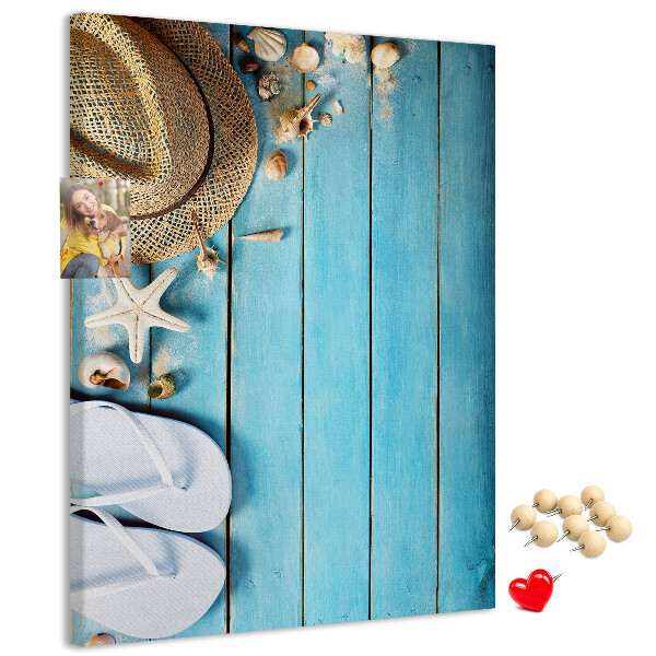 Pin board Summer accessories on a blue wood background