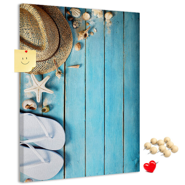 Pin board Summer accessories on a blue wood background