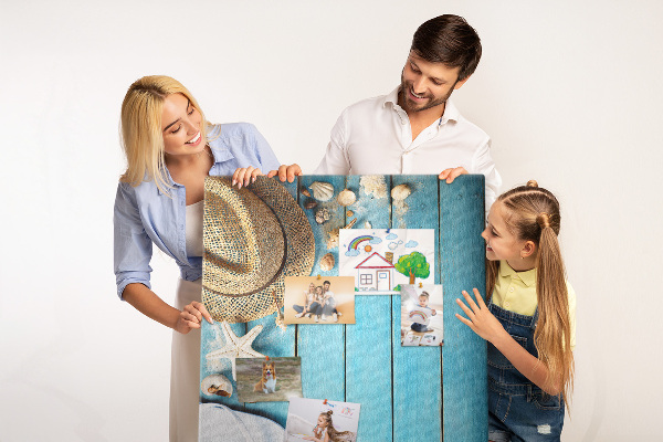 Pin board Summer accessories on a blue wood background