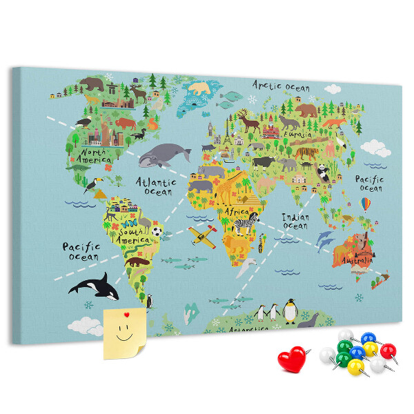 Cork display board World map with animals