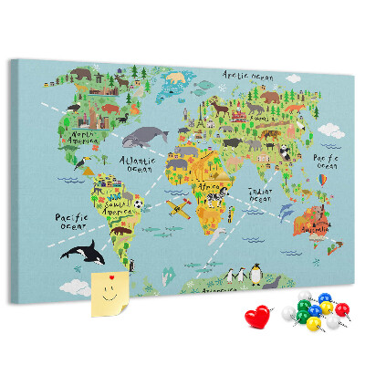 Cork display board World map with animals