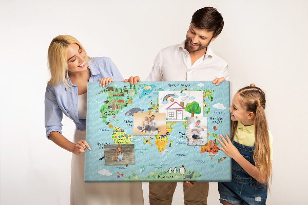 Cork display board World map with animals