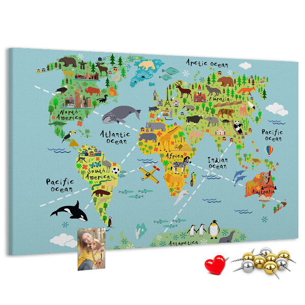 Cork display board World map with animals