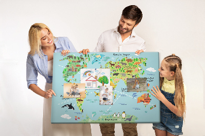 Cork display board World map with animals