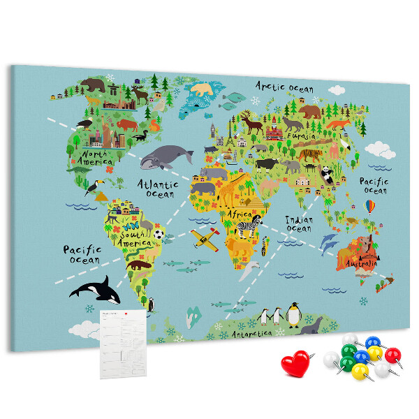Cork display board World map with animals