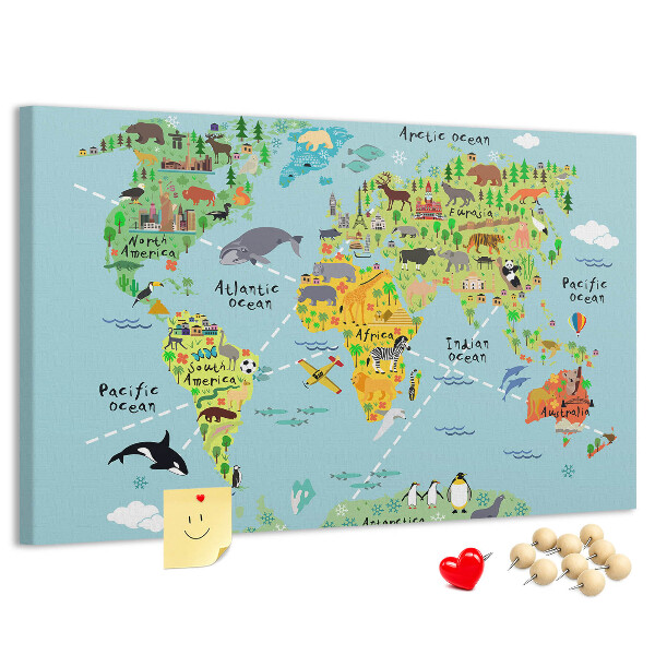 Cork display board World map with animals