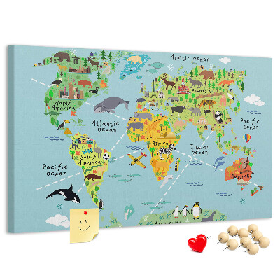 Cork display board World map with animals