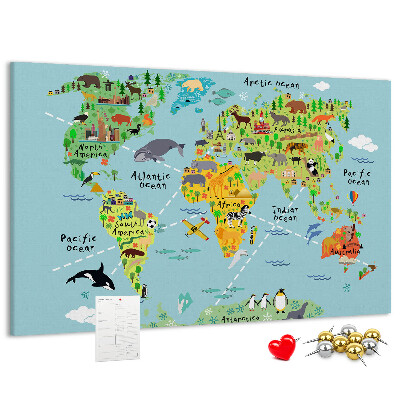 Cork display board World map with animals