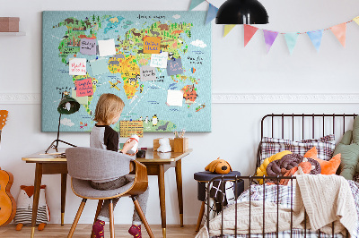 Cork display board World map with animals