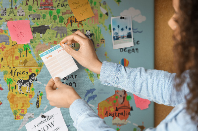 Cork display board World map with animals