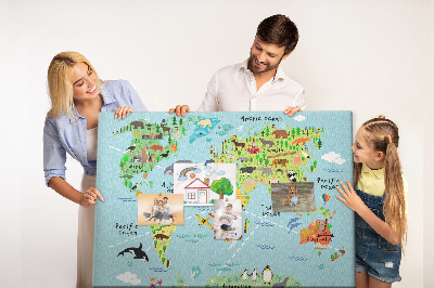 Cork display board World map with animals