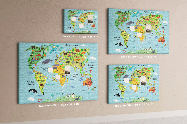 Cork display board World map with animals