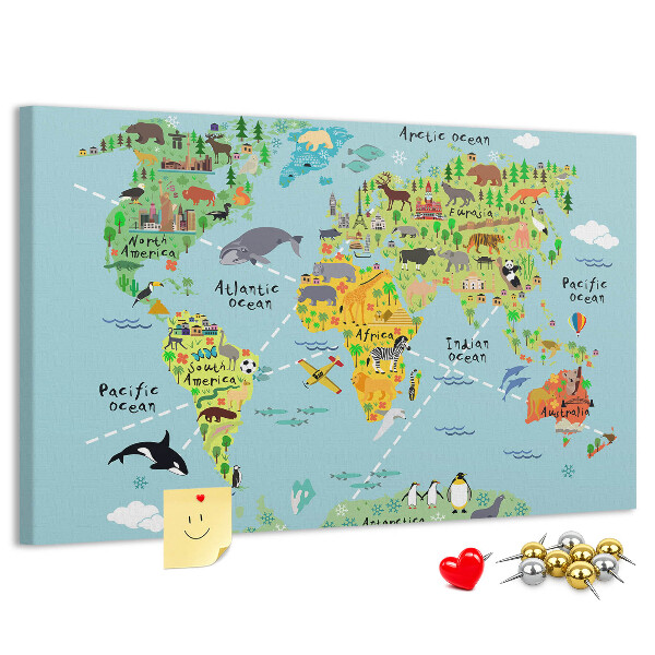 Cork display board World map with animals