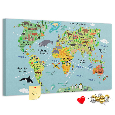 Cork display board World map with animals