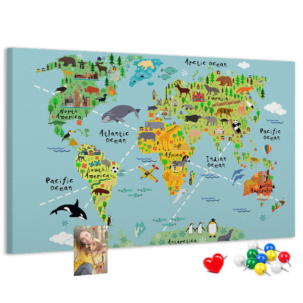 Cork display board World map with animals