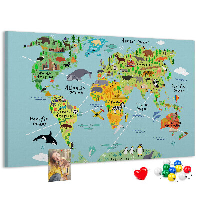 Cork display board World map with animals