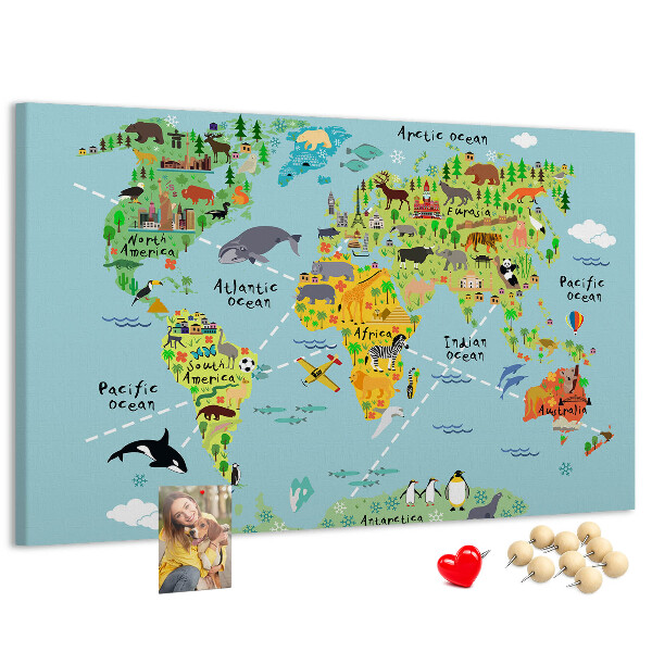 Cork display board World map with animals