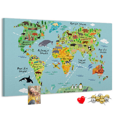 Cork display board World map with animals