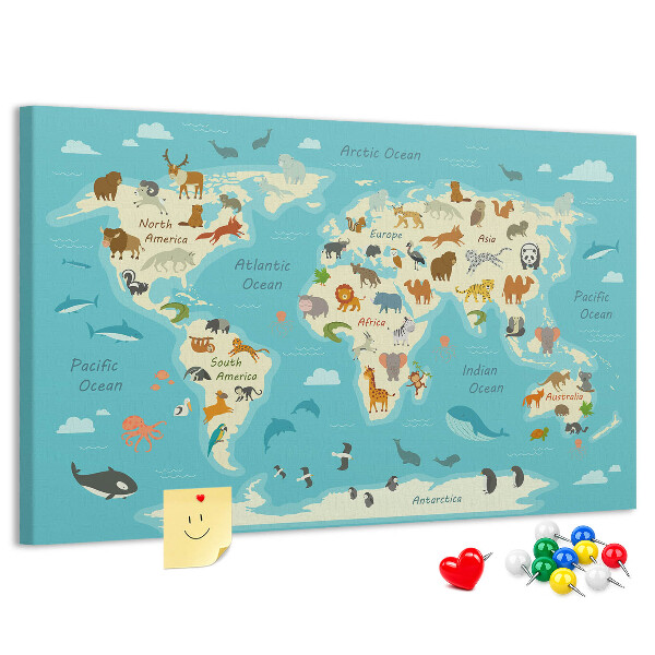 Cork memo board Animal world map