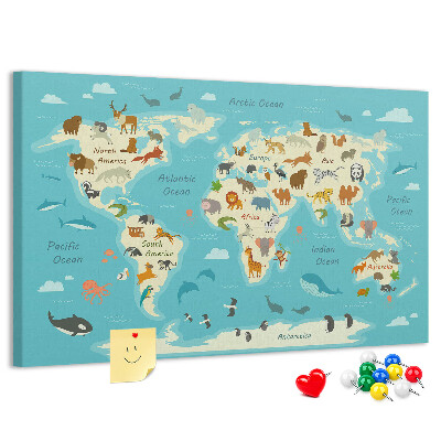 Cork memo board Animal world map