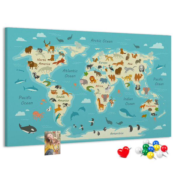Cork memo board Animal world map