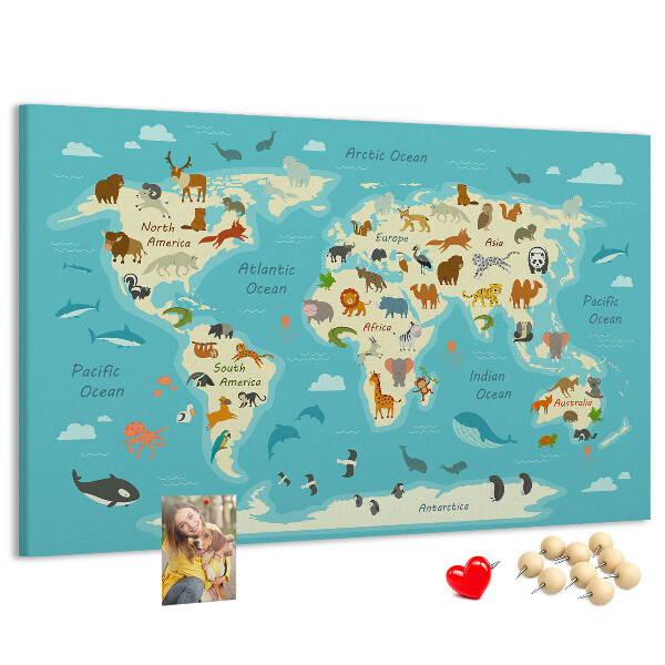Cork memo board Animal world map