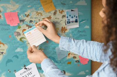 Cork memo board Animal world map