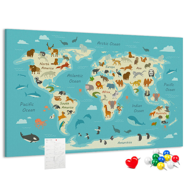 Cork memo board Animal world map