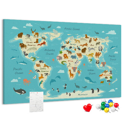 Cork memo board Animal world map