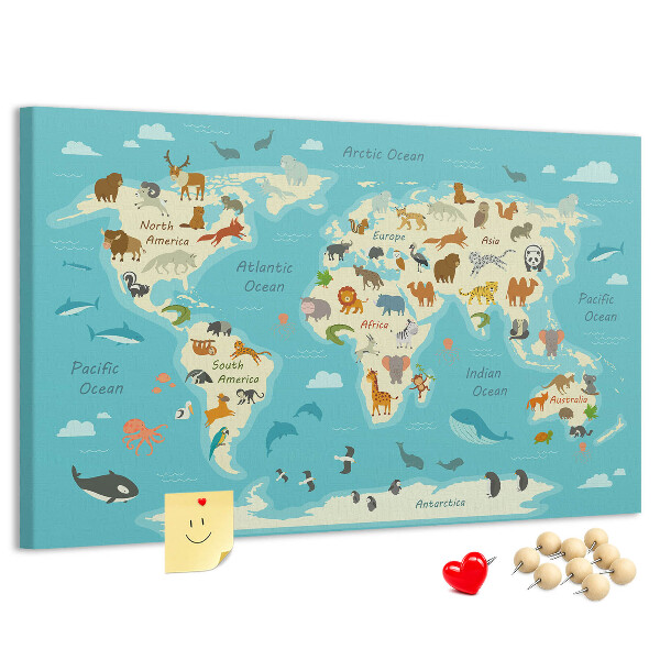 Cork memo board Animal world map